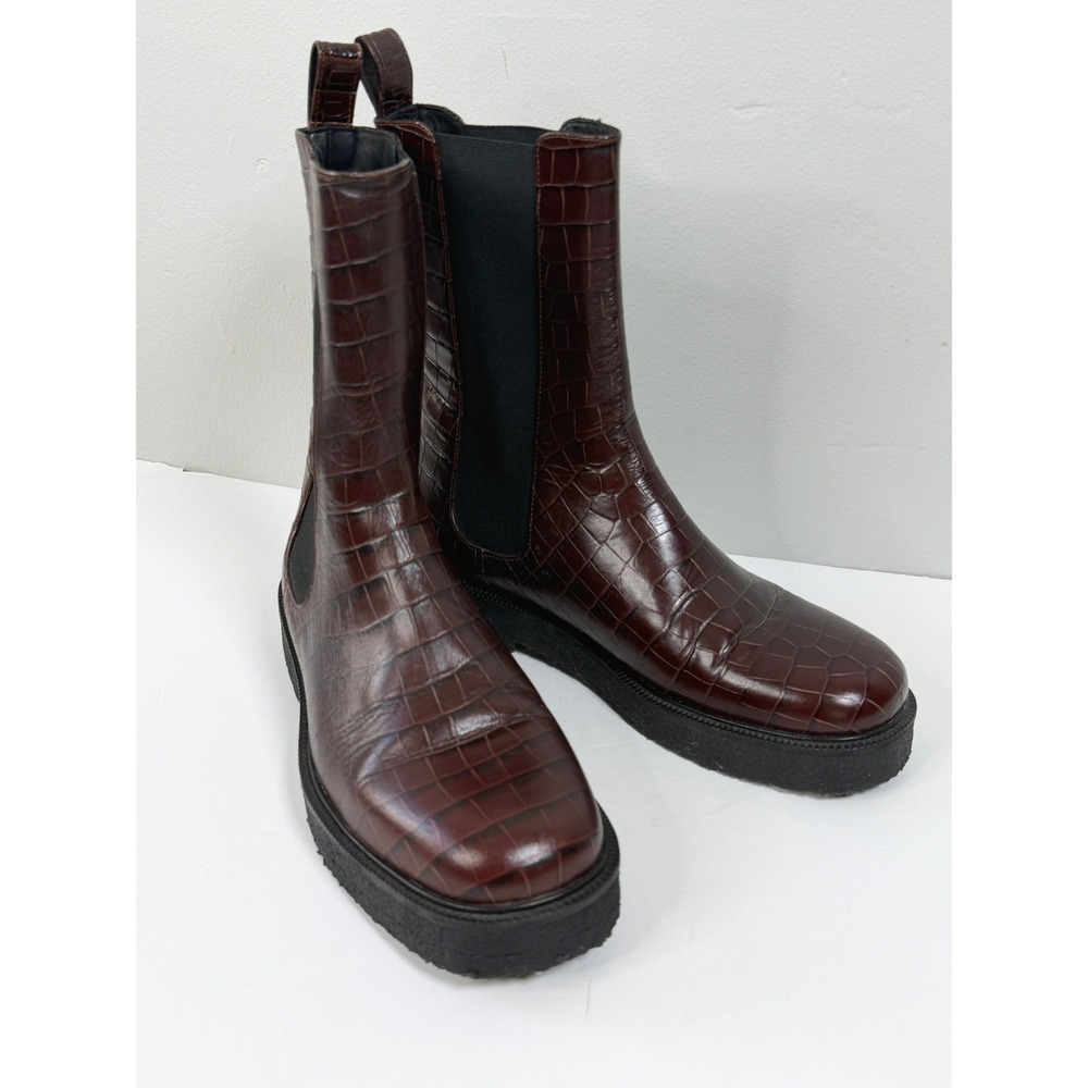 Staud Palamino Chelsea Boots 40 Brown Croc Embossed Leather Platform Mid Calf